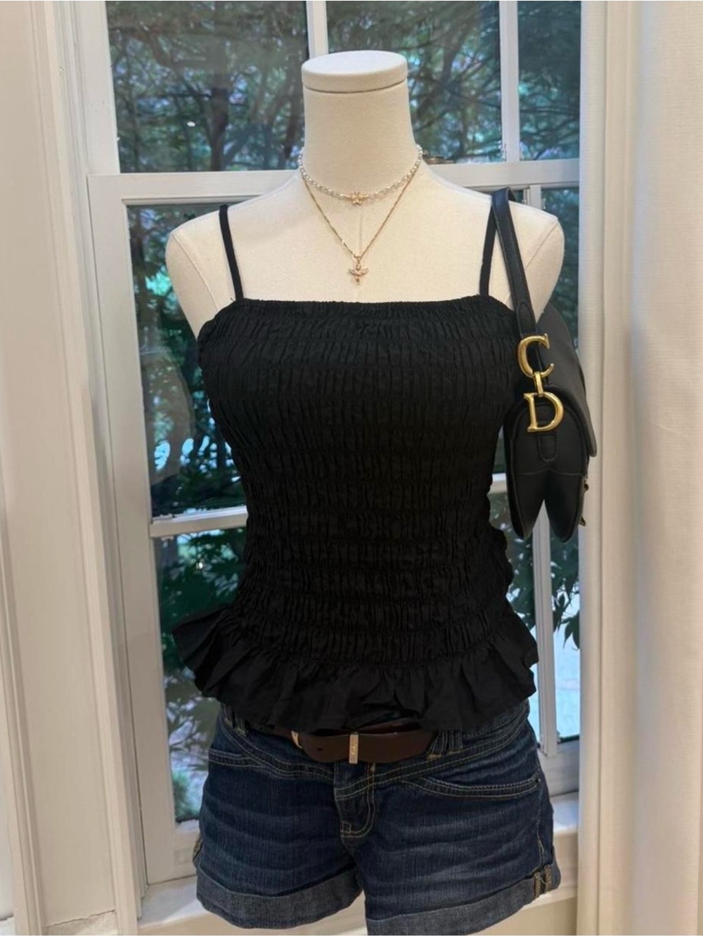 Black Smocked Ruffle-Hem Tank Top with Thin Straps - Women